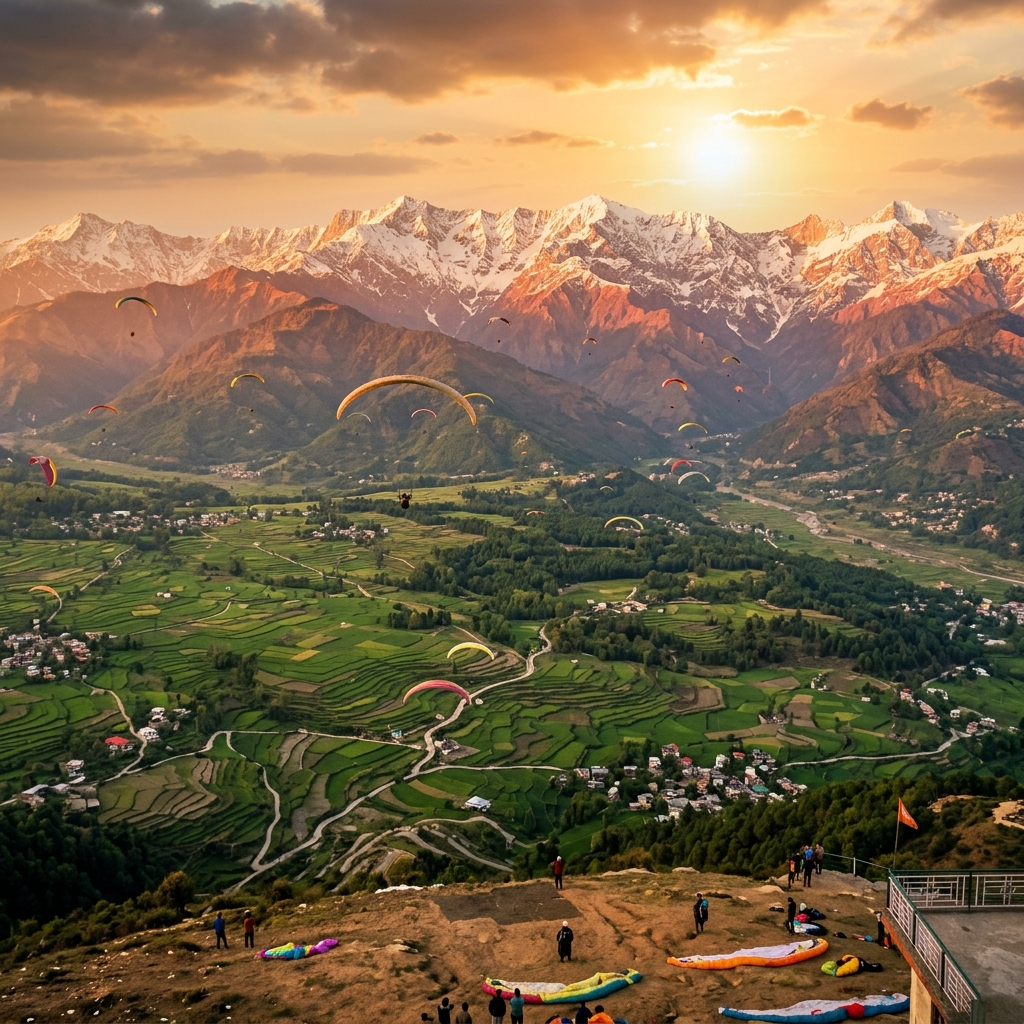 Stunning paragliding view over Bir Billing valley with Himalayan mountains at golden hour