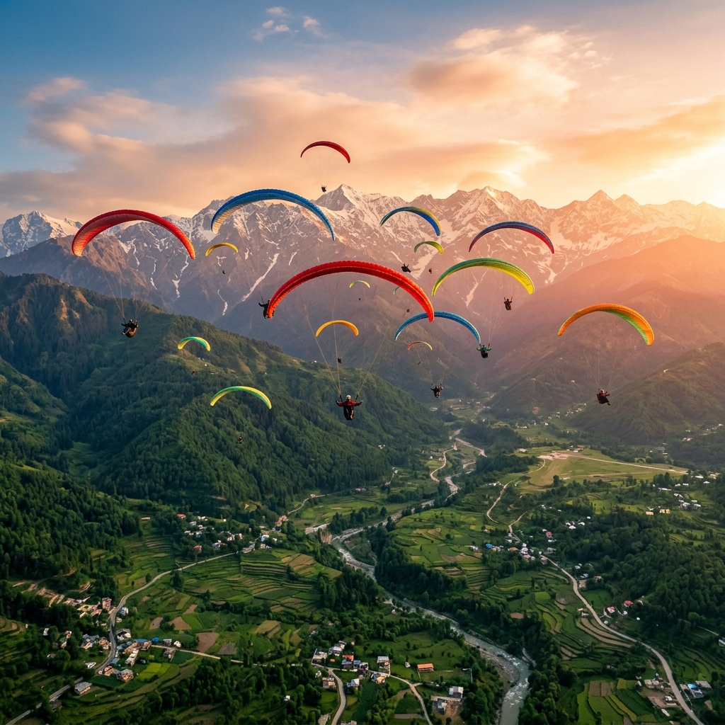 Paragliders soaring over Bir Billing valley with Himalayan peaks at sunset