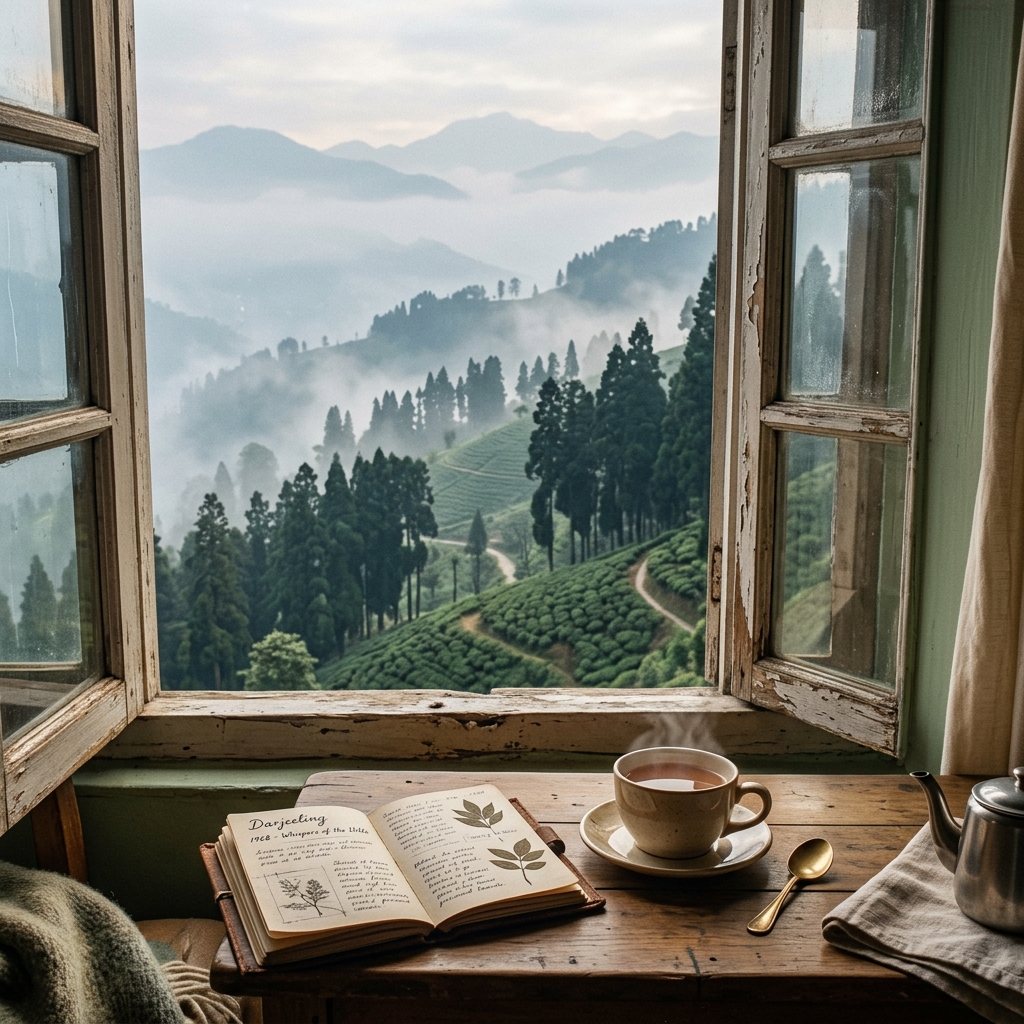 Darjeeling tea gardens and misty hills with journal and tea at a vintage window