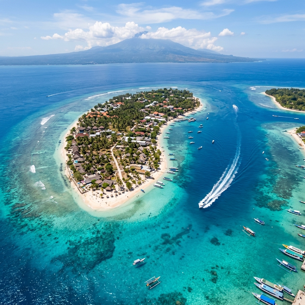 Aerial view of Gili Trawangan with turquoise ocean and fast boat
