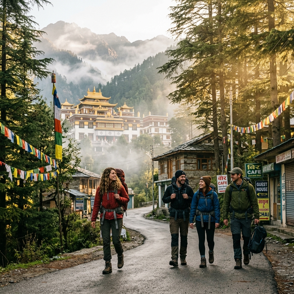 Travelers arriving in Bir village with monastery and prayer flags in background