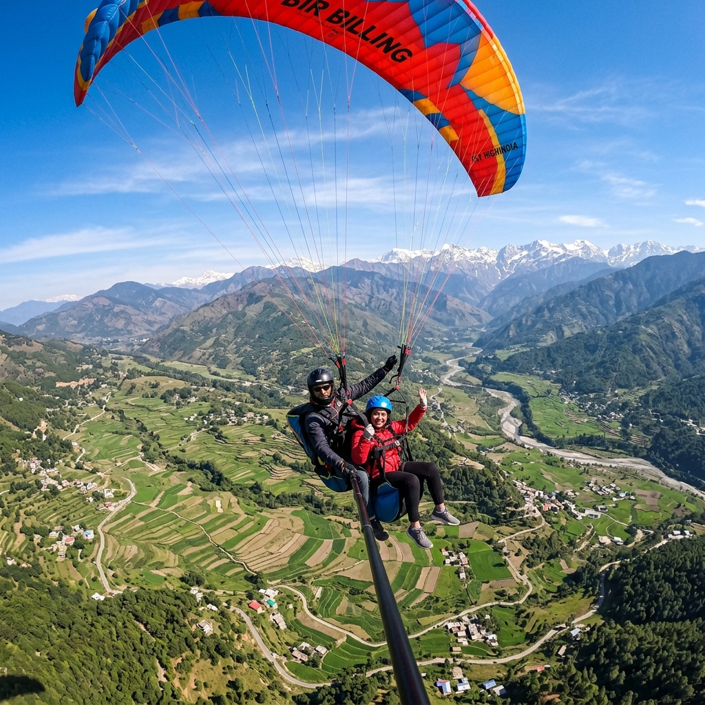 Tandem paragliding selfie over the lush green Kangra Valley with Himalayan peaks