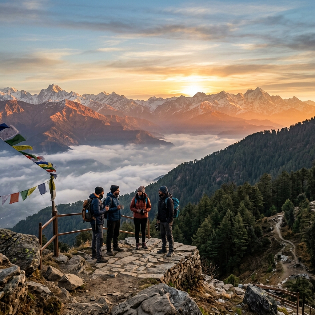 Sunrise over Himalayan mountains with travelers at scenic viewpoint