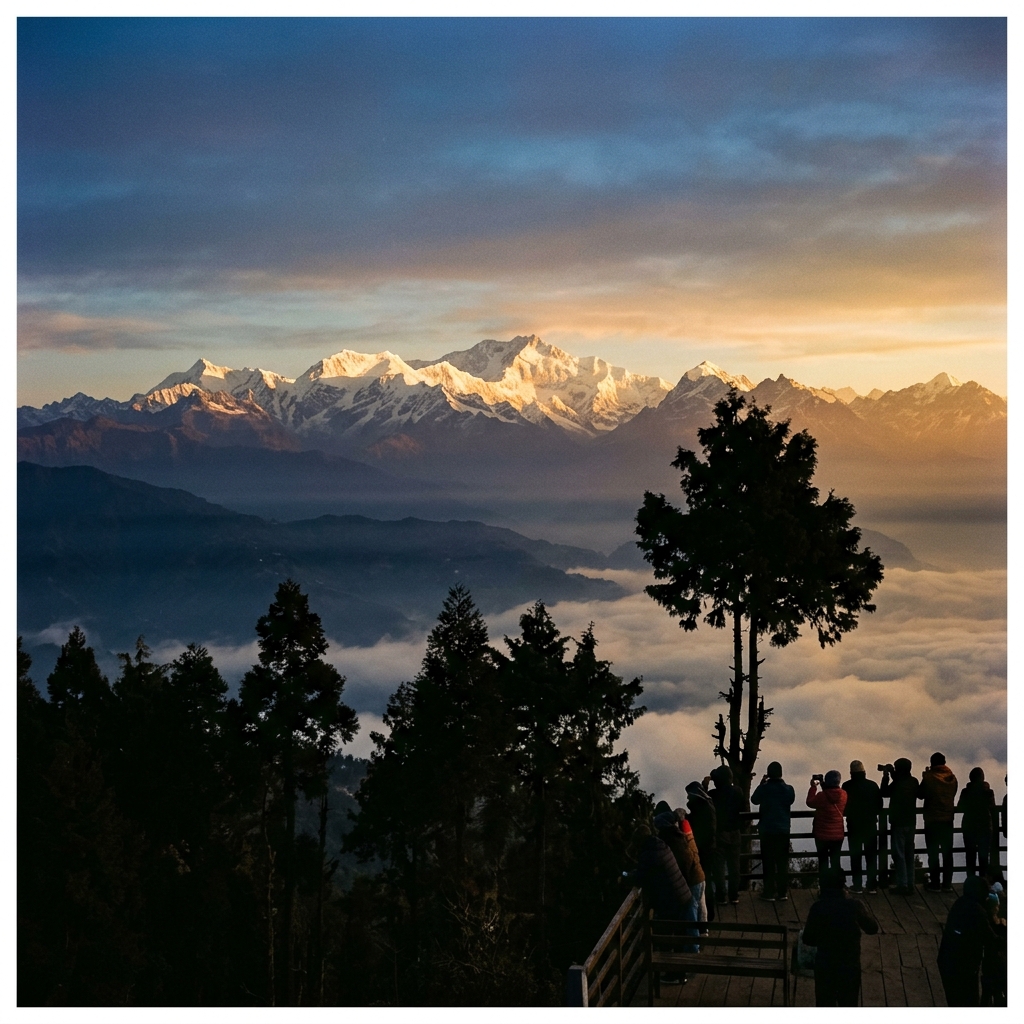 Tiger Hill sunrise with Himalayan peaks and misty valley below