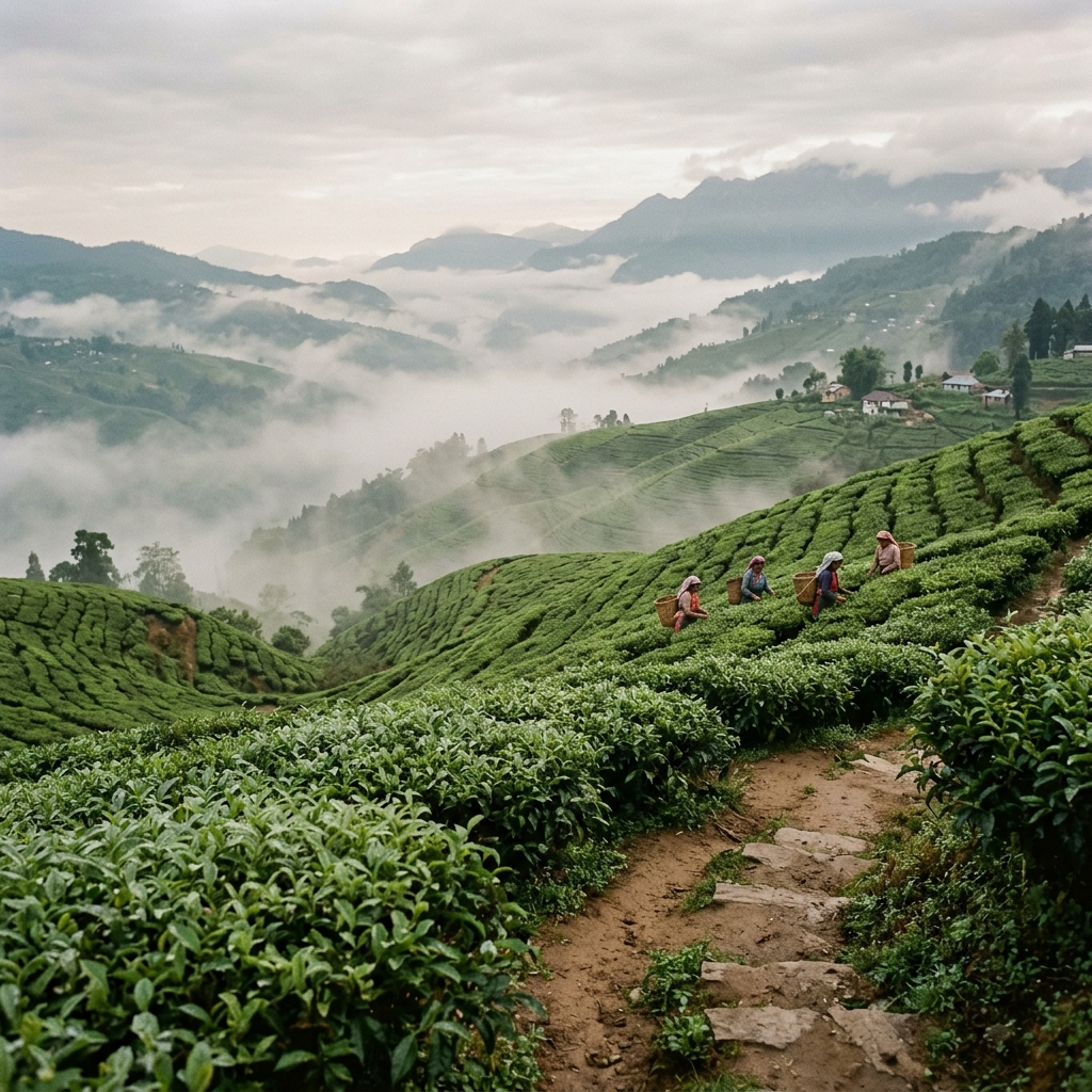 Happy Valley Tea Estate with morning mist and terraced tea gardens
