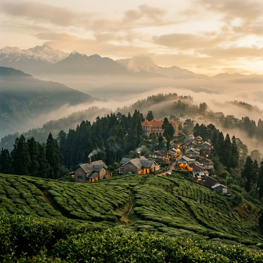 Darjeeling hill station at golden hour with misty tea gardens and colonial buildings